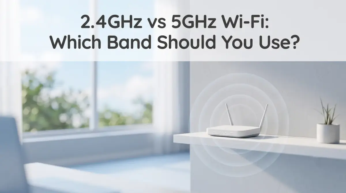 a dual-band wifi router on a clean shelf with two subtle signal waves radiating outward