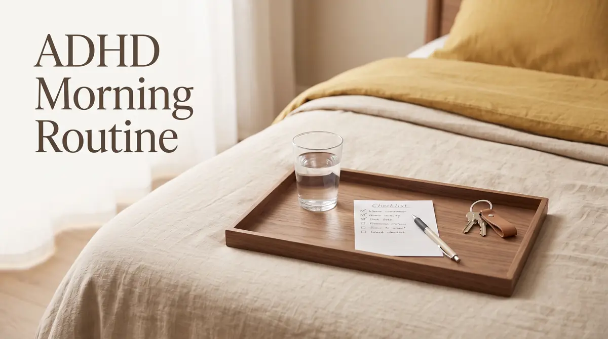 a simple morning tray with water, a written checklist and keys beside the bed