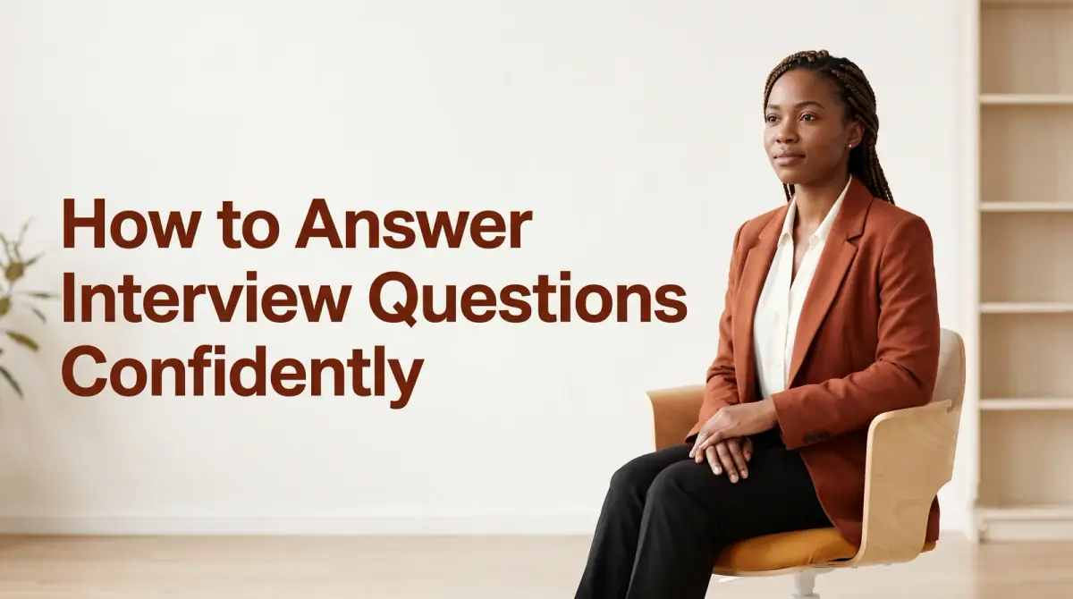 a composed candidate sitting upright in an interview chair, soft office light