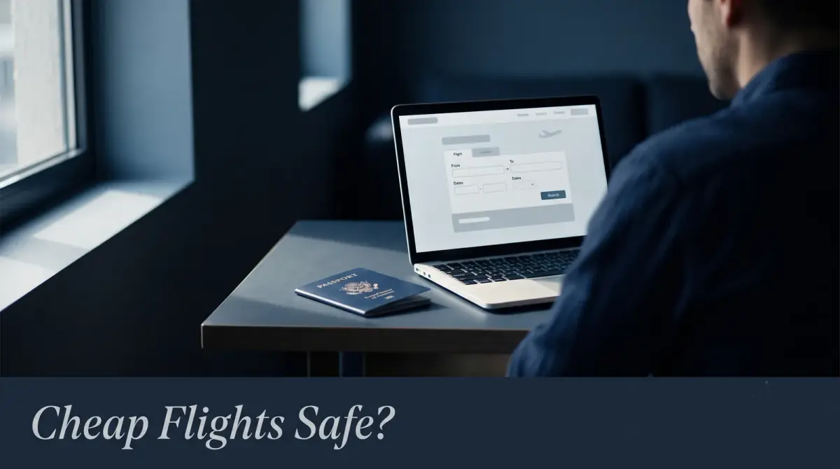 a laptop showing a simple flight-search layout beside a passport on a desk