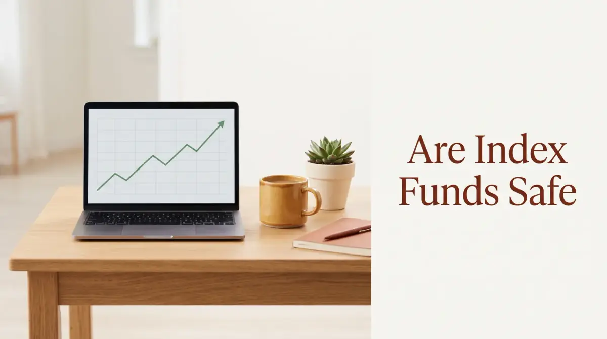 a calm desk with a laptop showing a simple upward line chart, a mug and a small plant