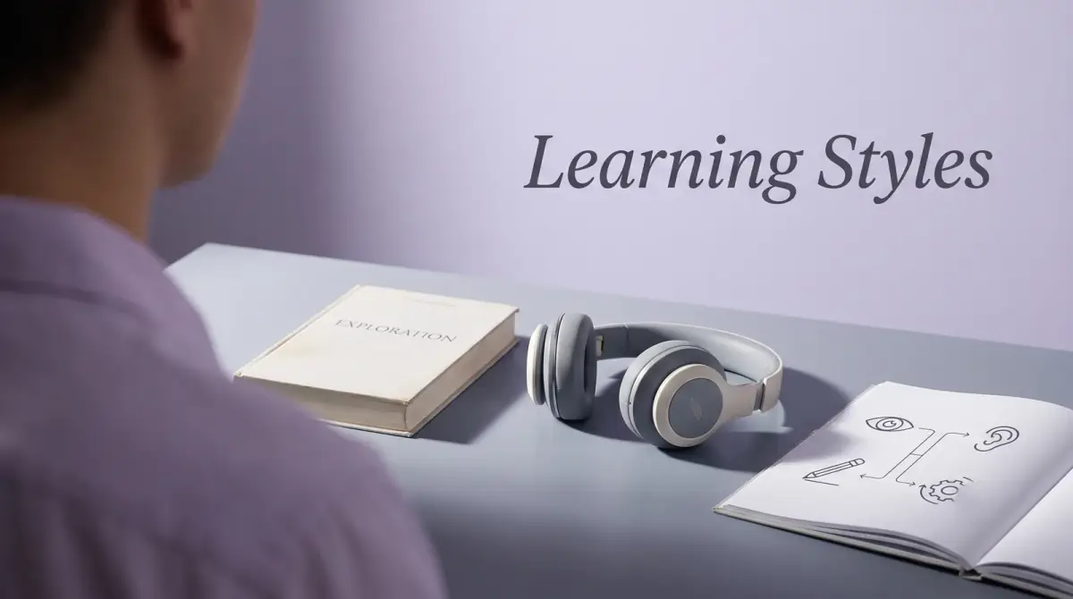 a book, a pair of headphones and a diagram side by side on a desk