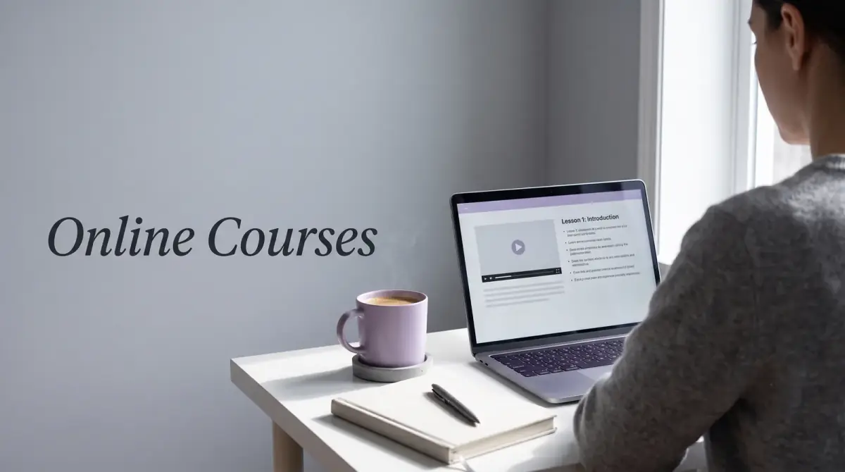 a laptop showing a simple lesson layout beside a notebook and a coffee