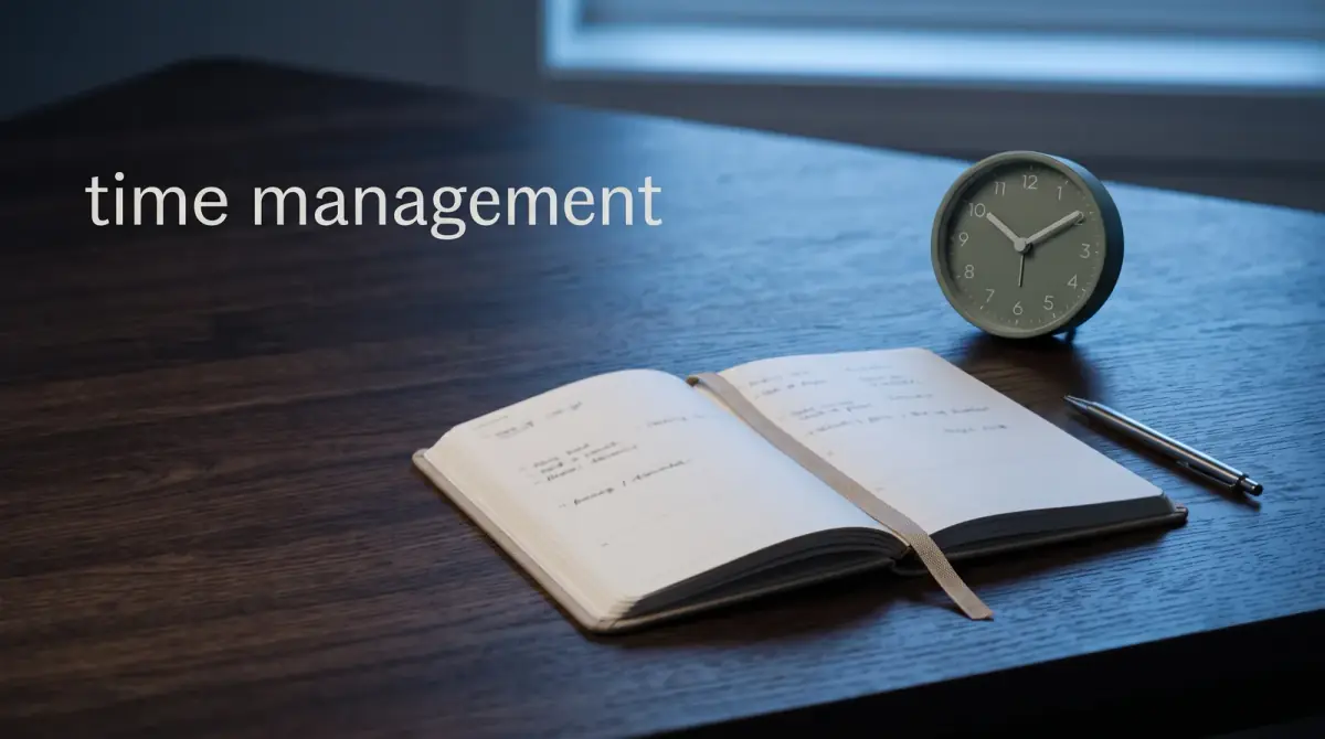 an open planner with a pen and a small clock on a wooden desk