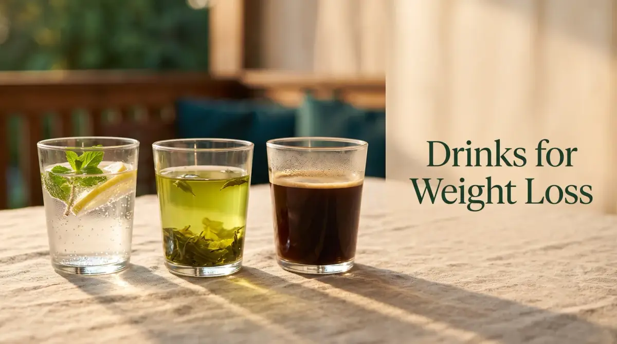 a row of clear glasses holding water, green tea and black coffee on a linen surface