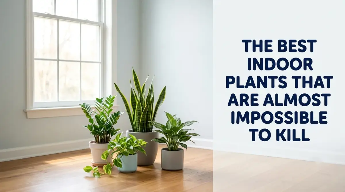 a small cluster of sturdy, easy houseplants grouped together on a wooden floor by a window