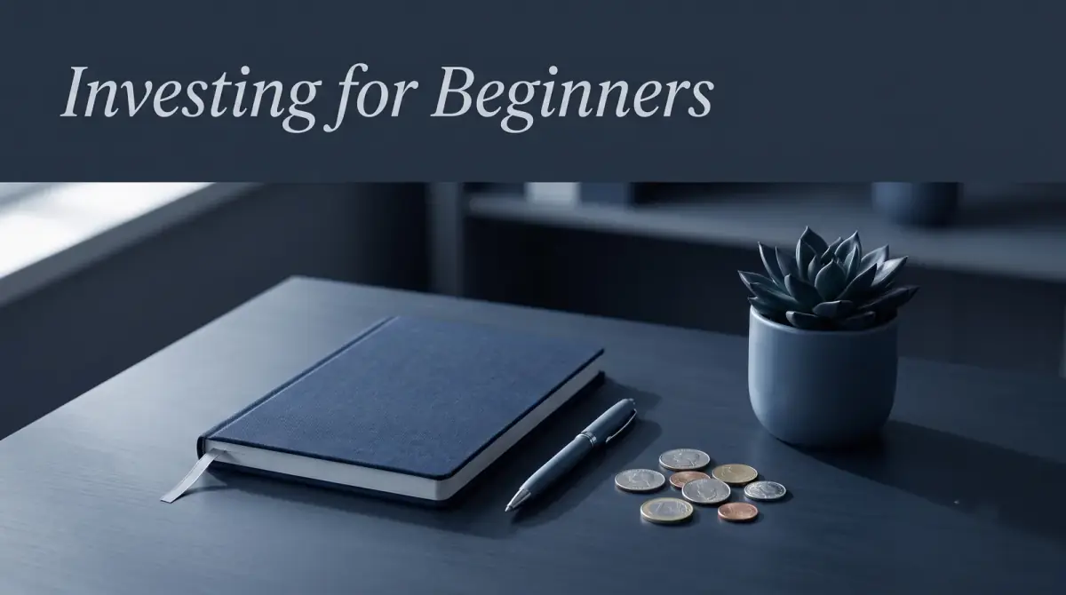 a tidy desk with a plain notebook, a pen, a few coins and a small plant