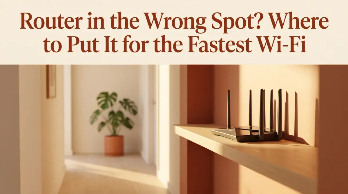 a wifi router placed high on a shelf in a central hallway, a clean minimal interior