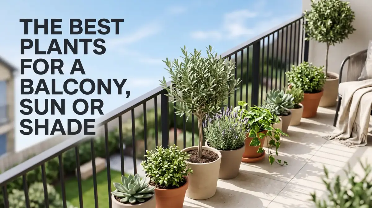 a sunny balcony corner with a neat row of potted plants along the railing