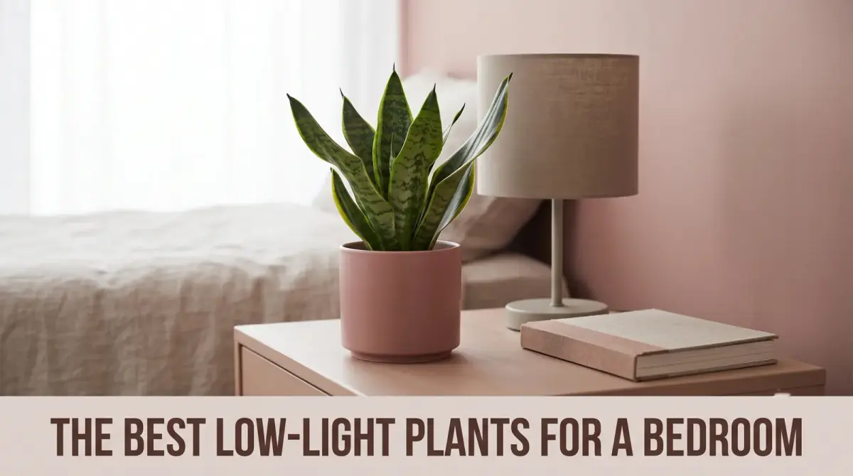 a calm bedside table holding a leafy low-light plant beside a lamp and a book