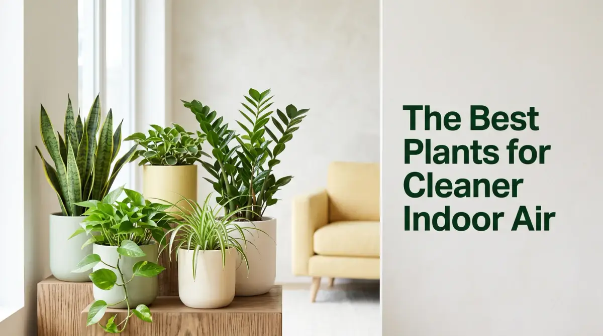 a few leafy green air-purifying plants arranged in a bright, airy living-room corner