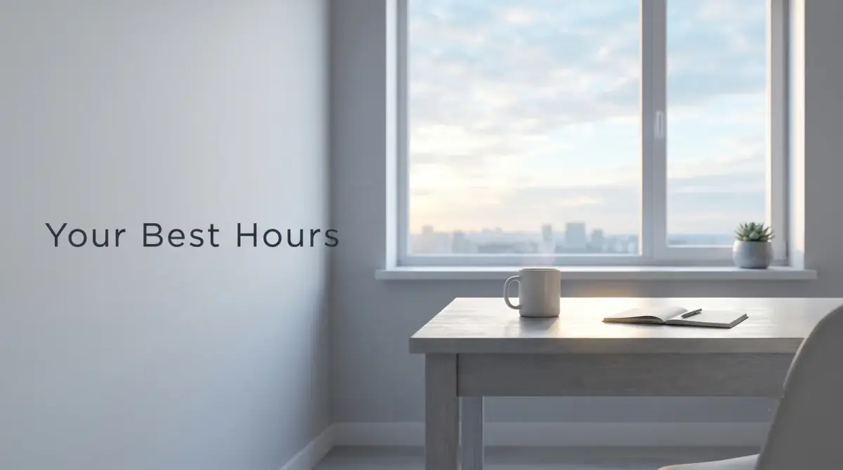 a sunrise view over a desk with a coffee, early light spilling across it