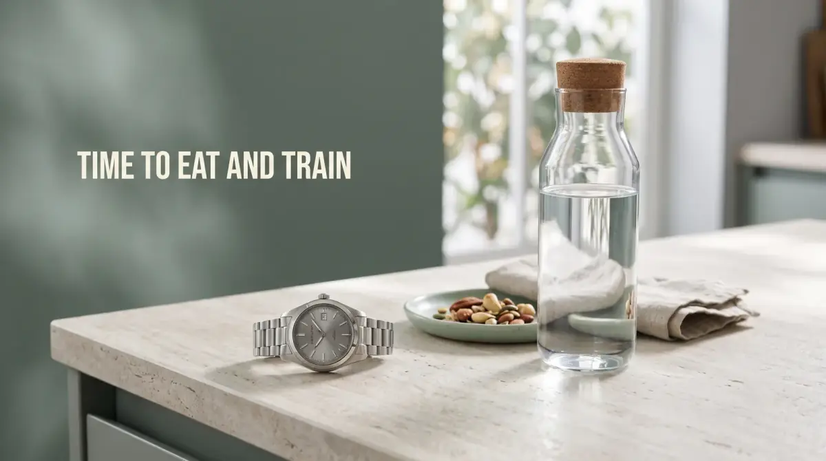 a wristwatch beside a water bottle and a small plate on a clean kitchen counter