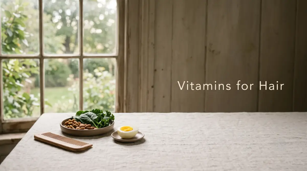 a wooden comb beside a small dish of nuts, a halved egg and leafy greens on a linen surface