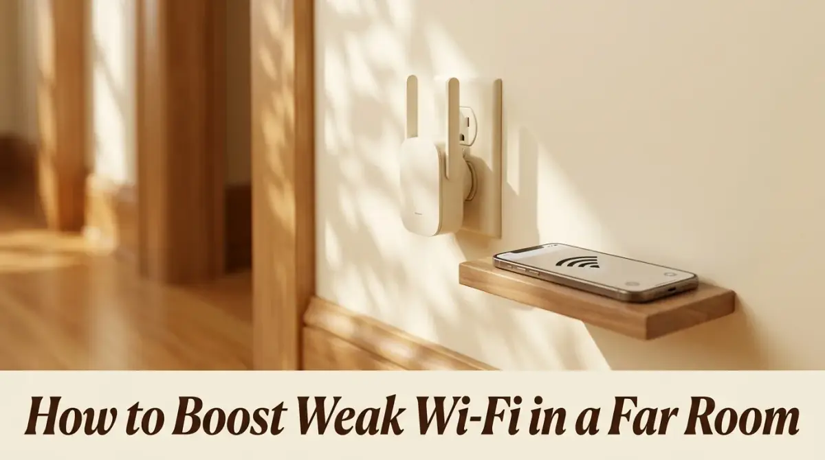 a small wifi extender plugged into a hallway wall outlet, a phone showing full bars beside it