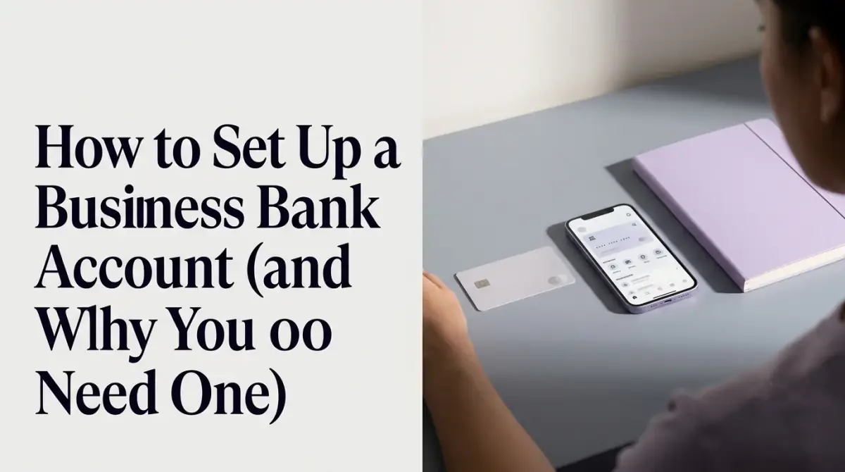 a plain debit card and a phone showing a simple banking app, a notebook beside them on a desk
