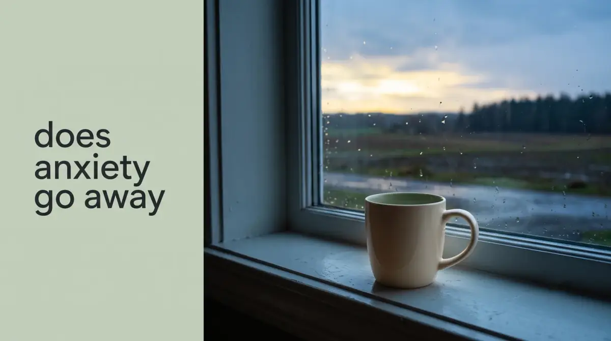 a calm clearing horizon seen through a window after rain, a mug resting on the sill