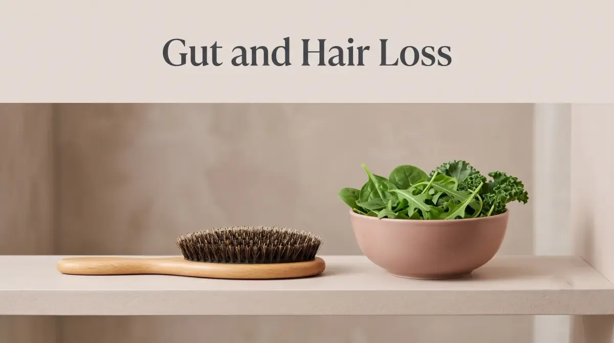 a wooden hairbrush and a bowl of leafy greens on a pale bathroom shelf