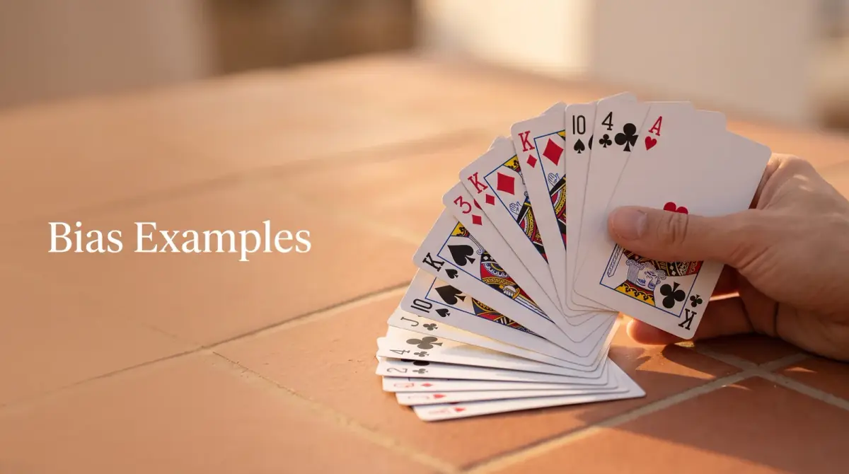 a hand of playing cards fanned on a table with one card subtly turned the wrong way