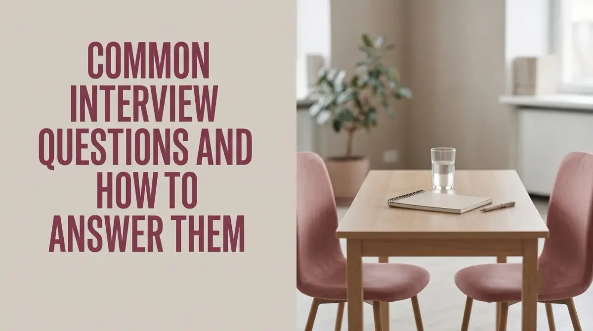 an interview table set with two chairs, a notepad and a glass of water, bright office