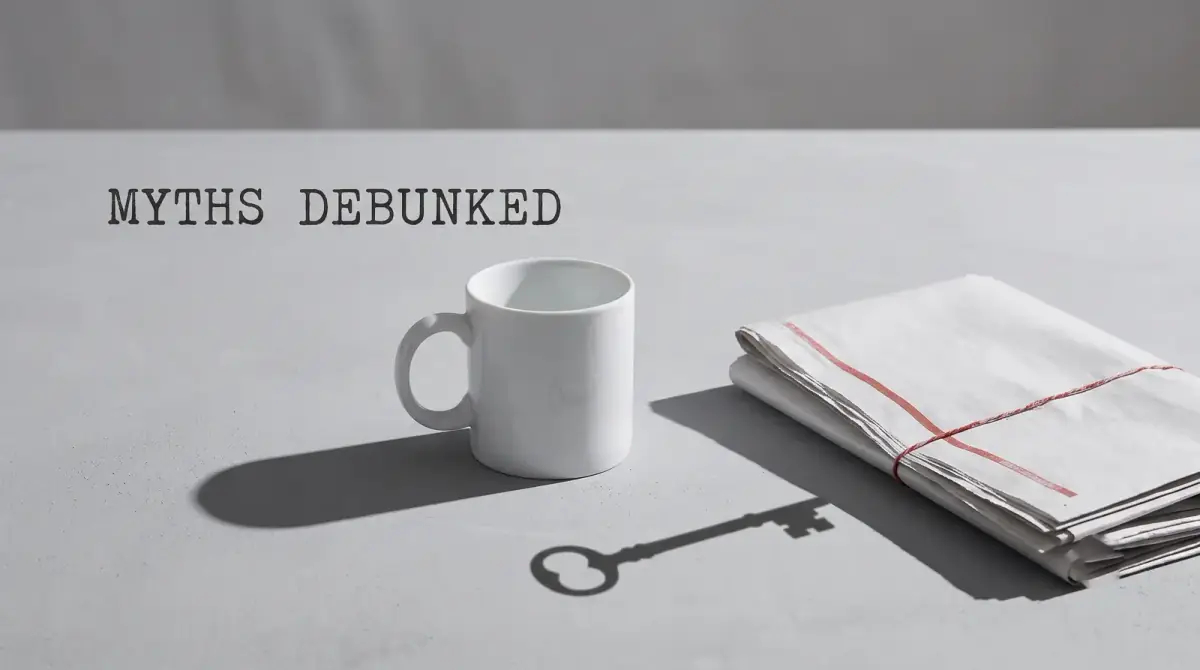 a white mug and folded newspaper casting a key-shaped shadow