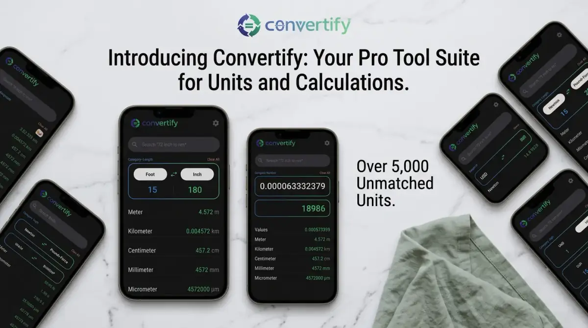 Convertify app promotional graphic showing unit conversion screens