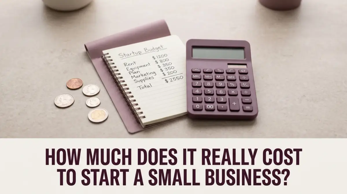 a calculator, a notebook with a hand-written startup budget, and a few coins on a clean desk