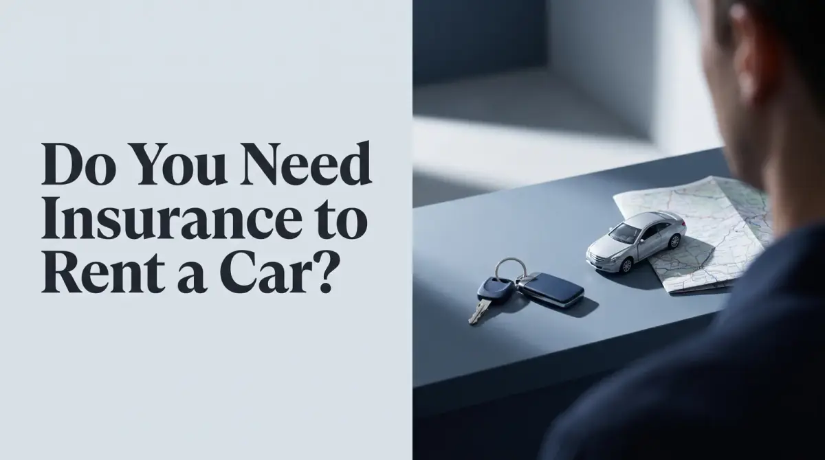 a set of rental car keys on a counter beside a small toy car and a folded map