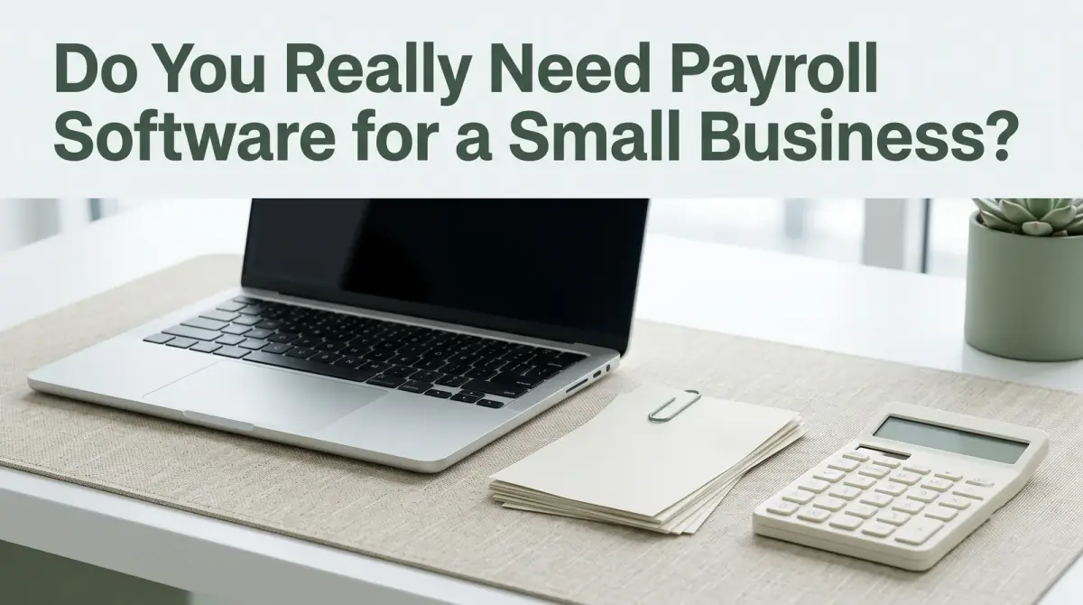 a laptop beside a small stack of plain payslips and a calculator on a clean desk