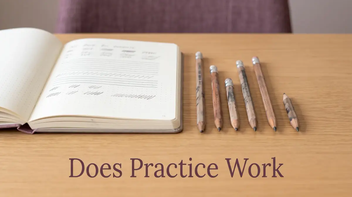 a well-used set of pencils worn down beside a practice notebook on a desk