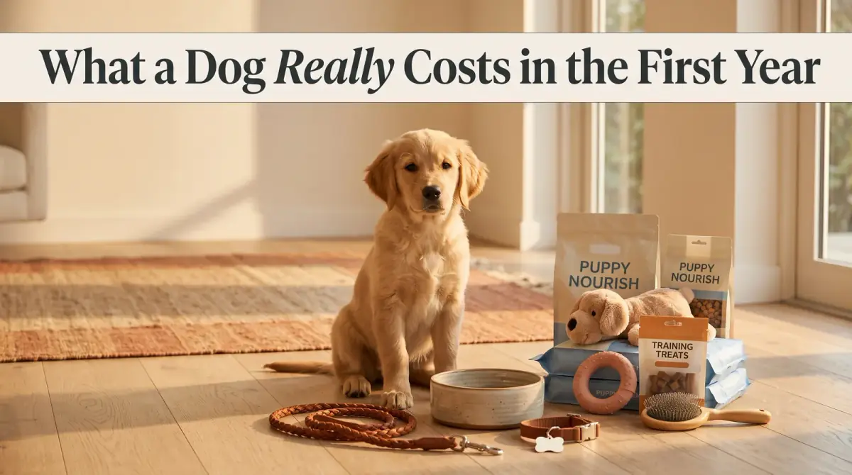a new puppy sitting beside a food bowl, a leash, a collar and a small pile of supplies