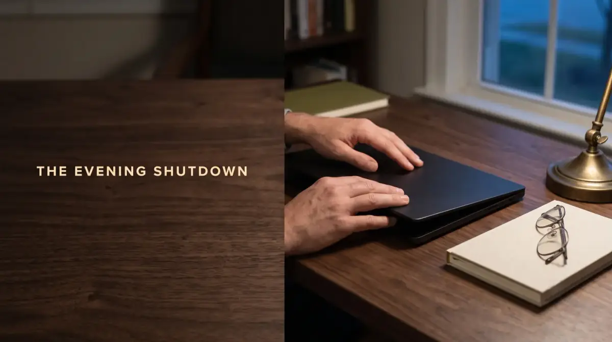 hands closing a laptop lid on a dark wooden desk beside a lamp and glasses