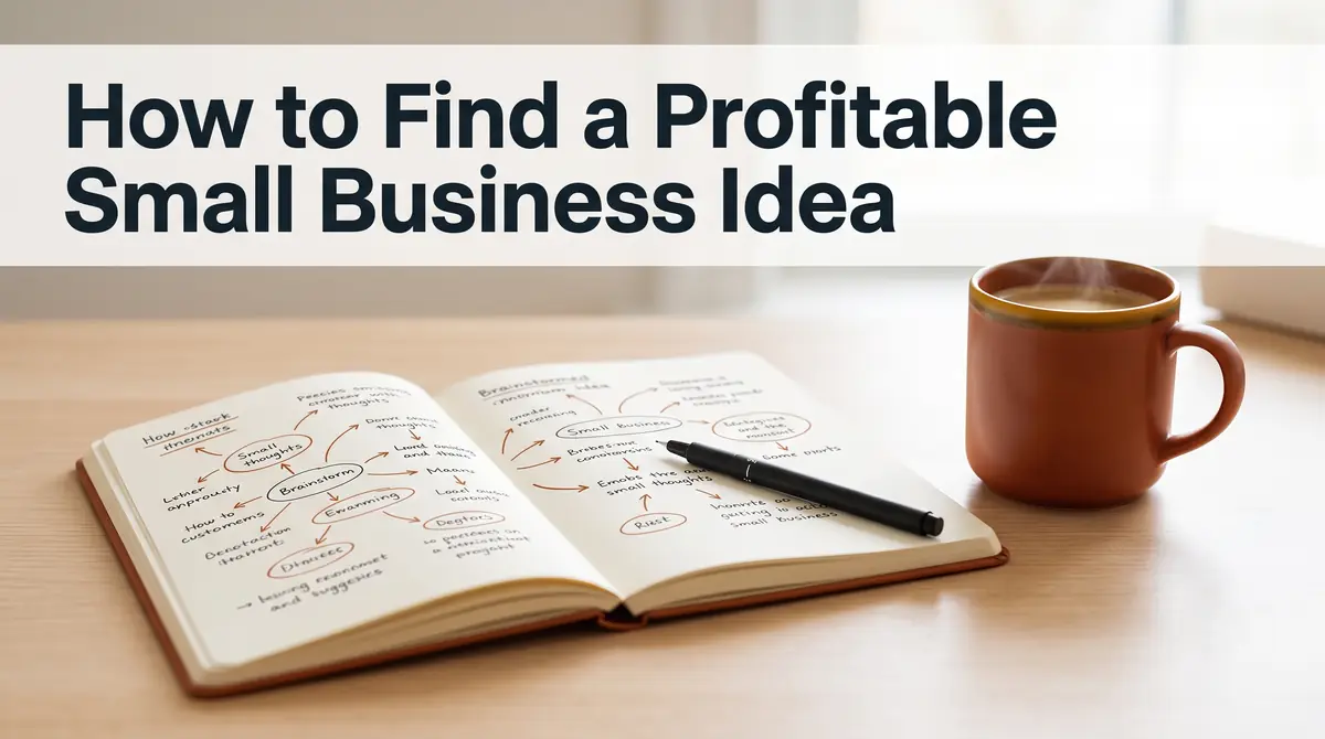 a notebook filled with brainstormed ideas and arrows, a pen and a coffee on a bright desk