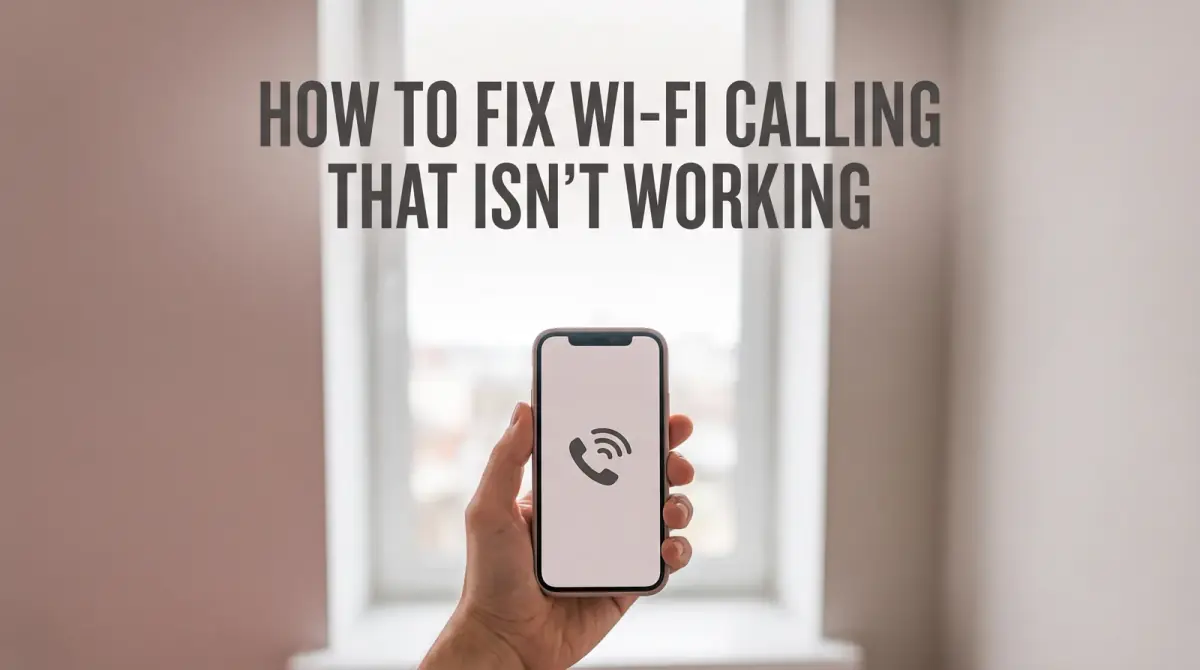 a hand holding a phone showing a wifi-calling icon, near a bright home window