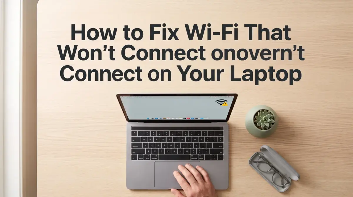 a laptop on a desk showing a wifi icon with a small warning mark, a hand resting on the trackpad
