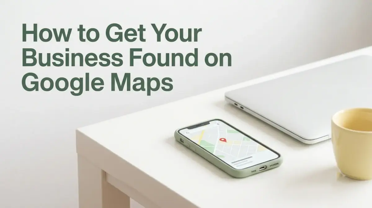 a phone on a desk showing a simple map with a single location pin, a laptop and a coffee beside it