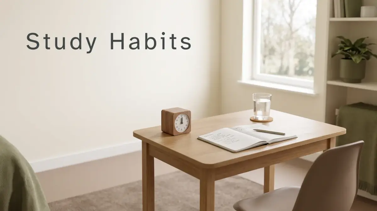 a tidy desk with a timer, a glass of water and neat notes