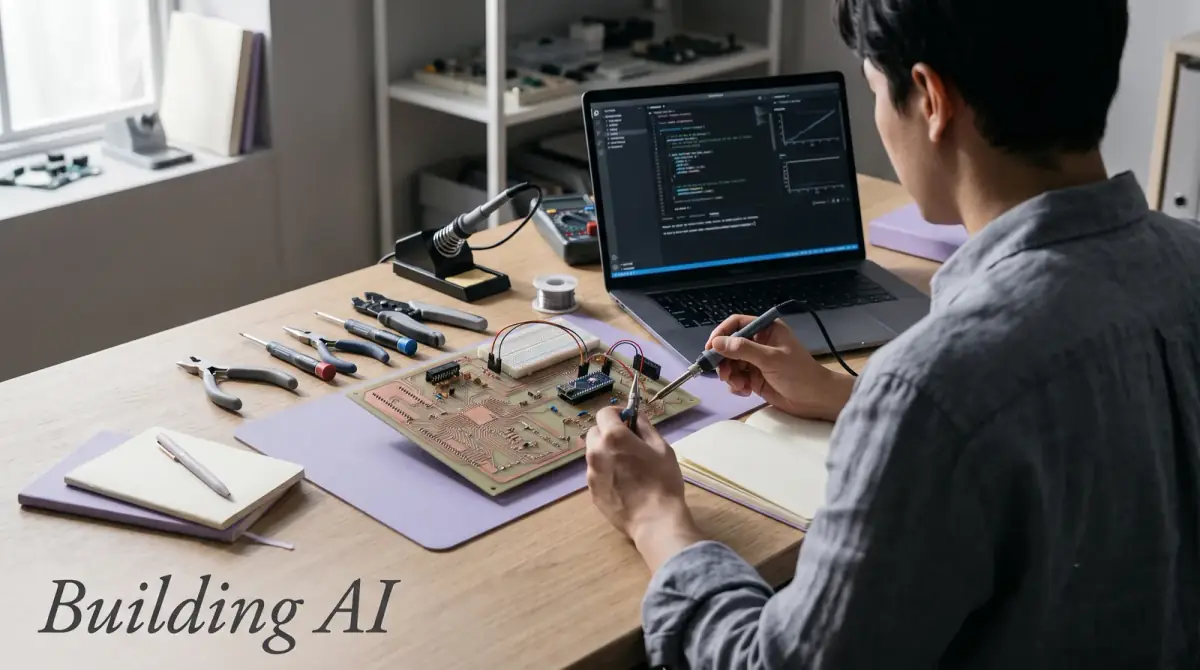 a maker's workbench with hand tools, a circuit board and a laptop