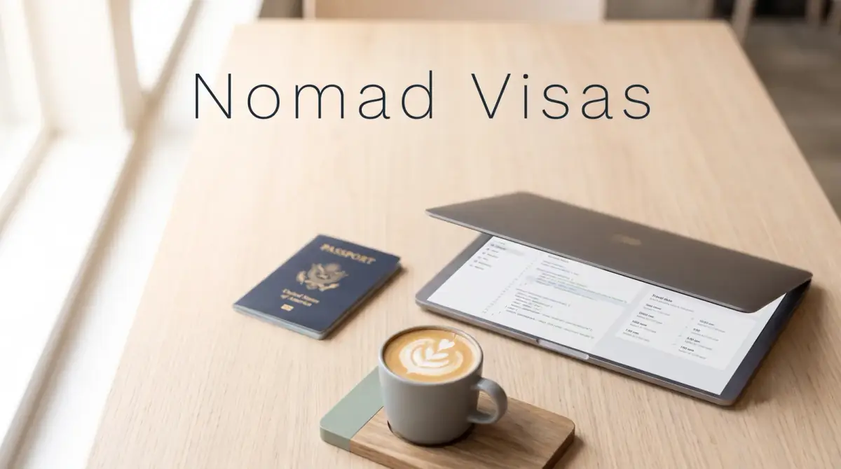 a passport, a laptop and a coffee on a sunlit cafe table abroad