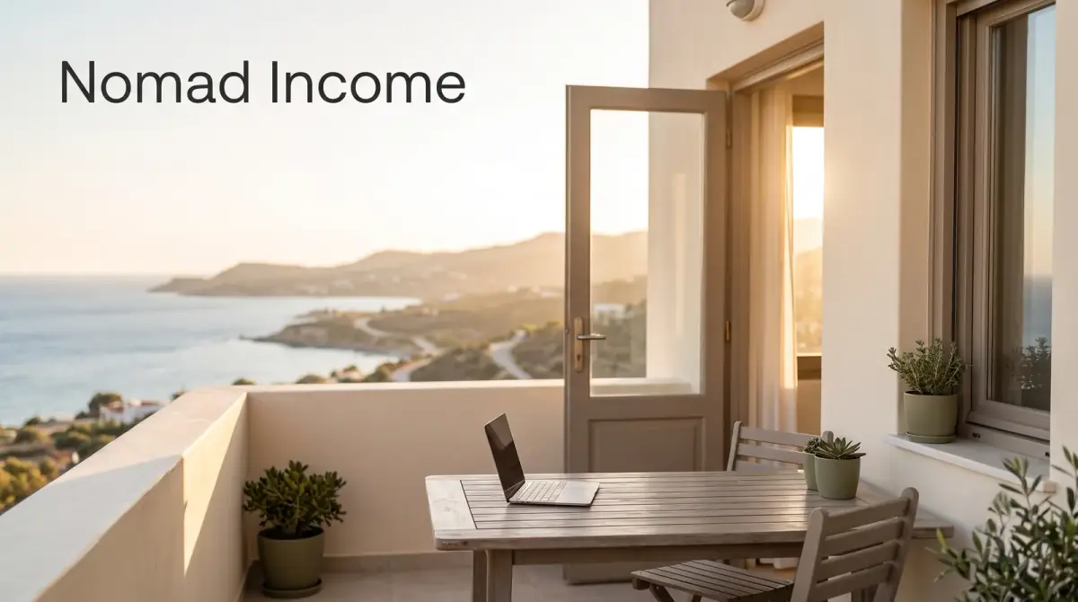 a laptop on a balcony table overlooking a distant coastal view in warm light
