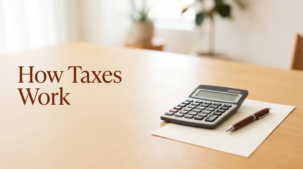 a tidy desk with a calculator, a pen and a plain unmarked form in soft light