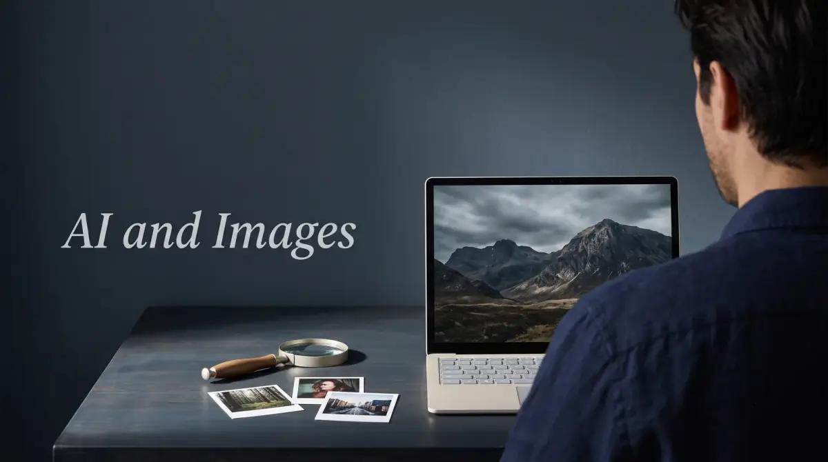 a photograph on a screen beside a magnifying glass and a few printed thumbnails
