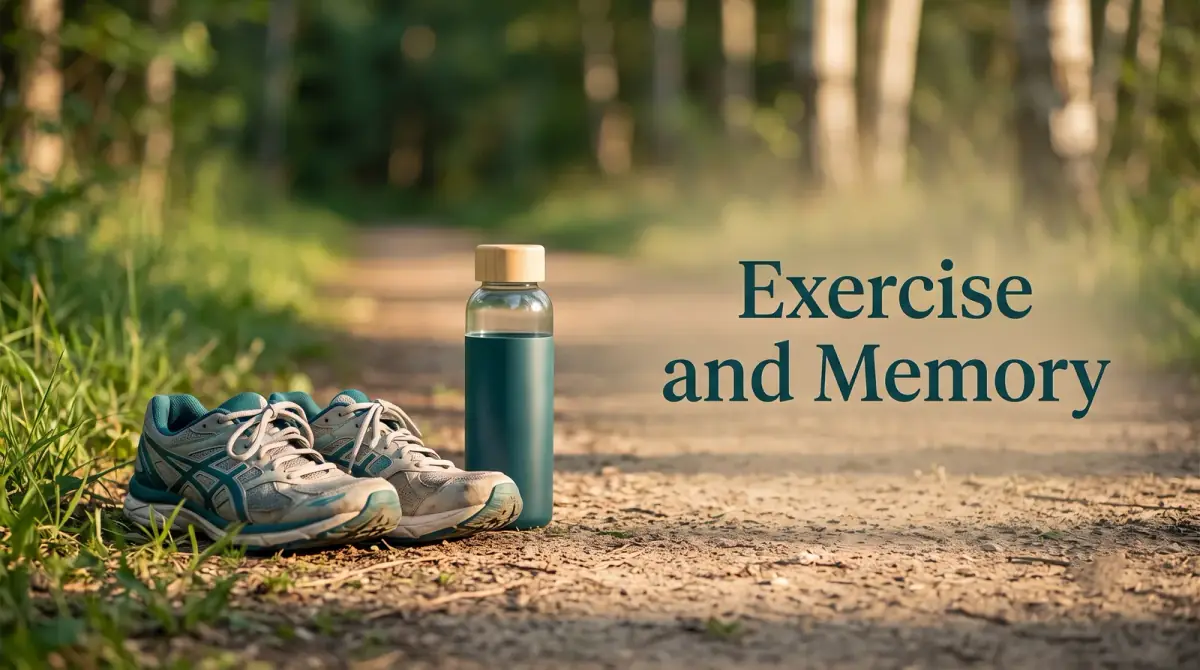 a pair of running shoes on a quiet path beside a water bottle in morning light