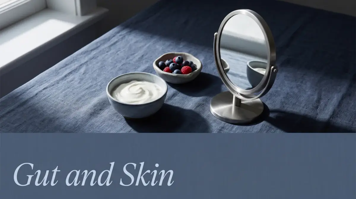 a calm still life of plain yogurt, a small bowl of berries and a hand mirror on a linen surface