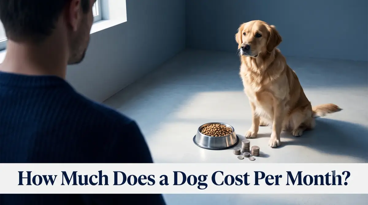 a dog beside a full food bowl and a small stack of coins on a clean floor