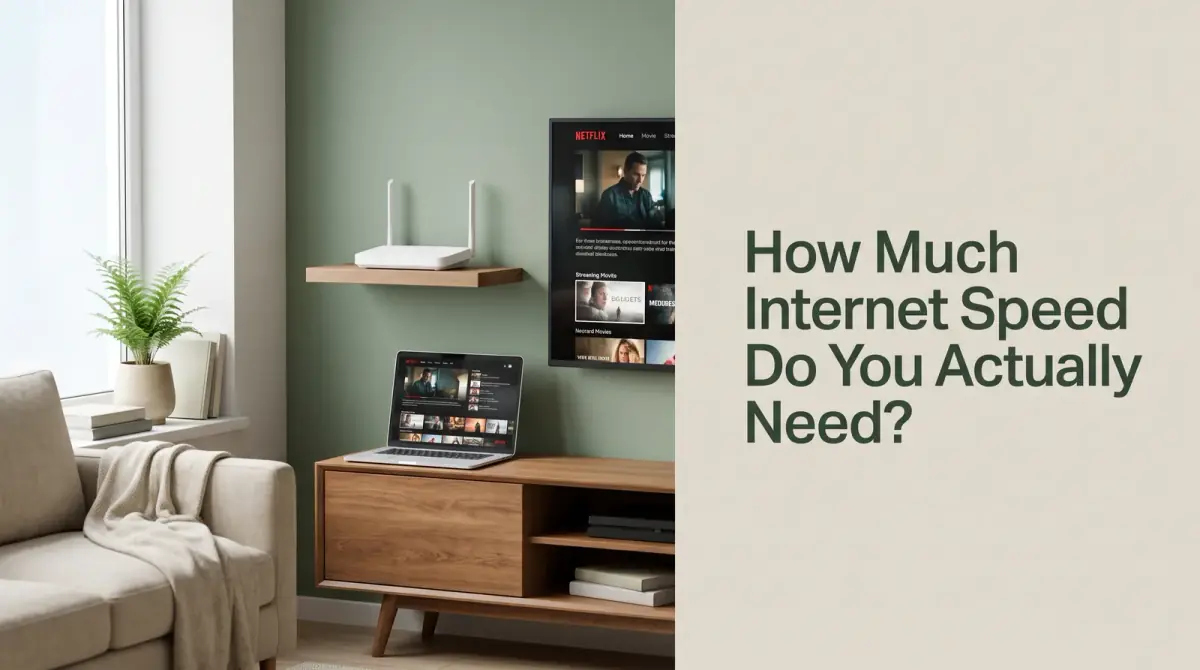 a living room with a laptop and a television both streaming, a router on a shelf between them