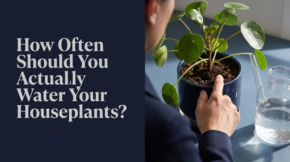 a hand testing a potted plant's soil with a fingertip, a glass watering can standing beside it
