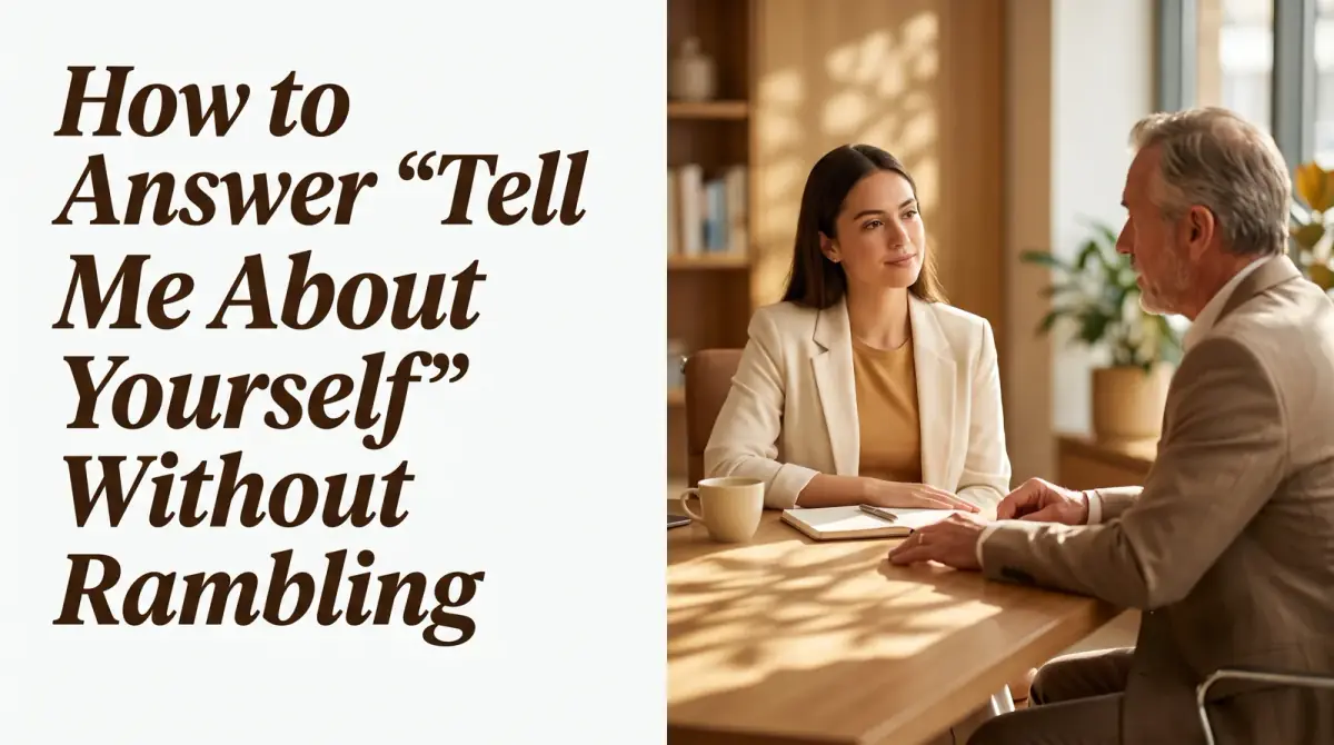 a candidate seated calmly across a table from an interviewer, mid-conversation, warm office light