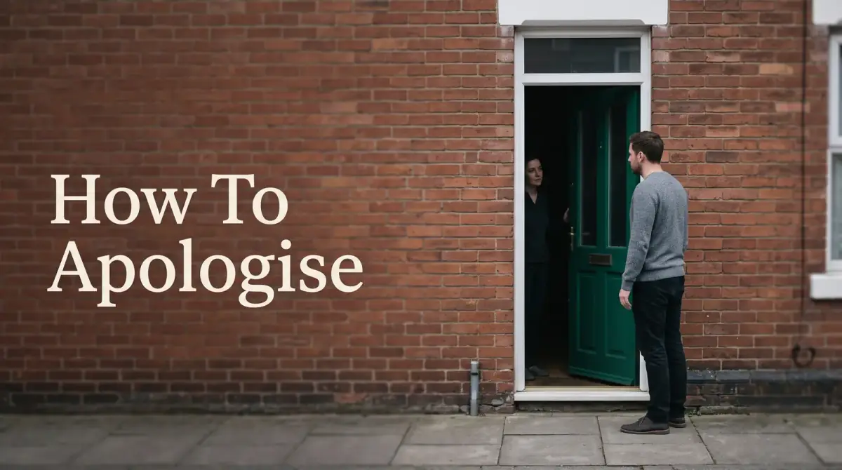 a man at a green front door speaking to a woman inside