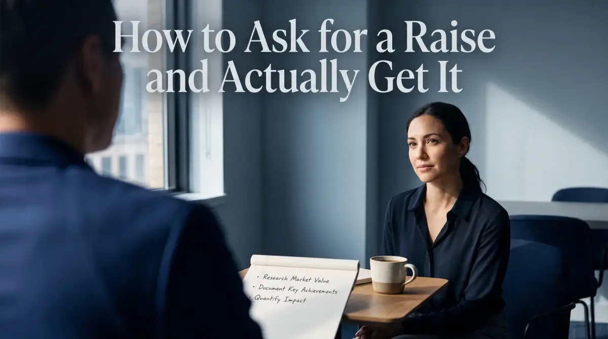 a calm one-on-one meeting at a small table with a notepad of points and a coffee